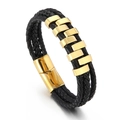 Men's multi-layer black braided leather bracelet with polished gold-tone metal sliders - Gold (KB163715-YY)