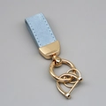 Premium light blue suede leather keychain with gold hardware and anti-lost ring - Short Style / Light Blue/Gold
