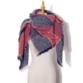 Women's triangular lattice knit scarf in navy and red with colorful pompoms and tassels - Wine Red (SJ6-03)
