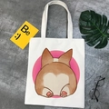 White canvas tote bag featuring a cute cartoon corgi butt print on a pink circle - Corgi Butt Pink Circle