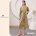 Peignoir femme vert moutarde avec texture gaufrée et liseré blanc contrastant - XL / Style Femme / Vert moutarde