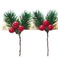 Artificial Christmas pine needles with red berries and brown wire stems for DIY decor - 2 Pine Needles 3 Red Berries