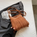 Brown faux suede bohemian crossbody bag with white embroidery and long fringe details - Brown