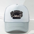 Detail of Los Angeles California mesh trucker hat with blue brim and vintage print - Gray
