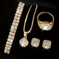 Golden jewelry set with sparkling crystals including bracelet, necklace, ring and earrings - Square Zirconia 4-Piece Set (No Watch) / Gold