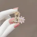 Pink crystal flower hair claw clip with gold leaves and rhinestone accents - Pink Crystal Flower
