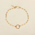 Detailed close-up of a golden paperclip link bracelet with a round connector ring - Paperclip + Open Ring (Bracelet)
