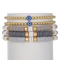 Five-piece bohemian bracelet set with blue evil eye charms and neutral heishi clay beads - Grey Beige Mix - Evil Eye