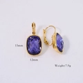 Detail showing 15mm square earrings with purple crystals in 14K gold-plated stainless steel - Purple Zirconia