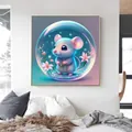 Detail view of cartoon purple mouse diamond painting in a gold frame on a modern wall - Mouse / 30x30cm Frameless