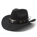 Chapeau de cowboy western classique en feutre noir avec bande en cuir à tête de taureau - M (56-59cm) / Noir Avec ceinture en cuir noir