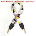 Detail of colorful geometric wide shoulder strap with black leather and gold metal hooks - Yellow Patchwork Black Leather Gold Hook