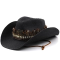 Detail of black woven cowboy hat with feather trim and metallic skull bead accents - Black
