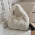 Chic white fuzzy plush handbag with soft faux fur handle for winter fashion styling - Solid White // Great Deal