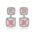 Detail view of silver earrings with princess cut pink zircons in a square halo design - Silver Pink Zirconia