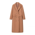 Classic camel faux suede double-breasted long coat with elegant lapels for women - S / Caramel color