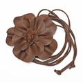 Bohemian style brown PU leather flower waist belt with long wrap ties for women - Coffee