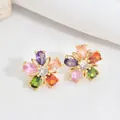 Five-petal flower stud earrings with colorful teardrop zircon in gold-plated setting - Multi-color Zirconia Flower Stud Earrings / Gold