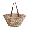Colorful woven straw tote bag with multi-color pattern and brown leather handles - Large / Red