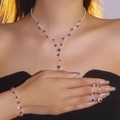 Luxury sparkling red flower jewelry set with necklace bracelet and earrings in silver finish - Red-Silver Three-Piece Style (DTN14026534-3S-R)