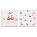 Detail view of cherry themed birthday napkins featuring watercolor patterns and pink bows - Cherry Print Napkins