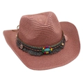 Close-up of ethnic western cowboy straw hat with turquoise and beaded band - Dusty Pink