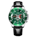 Men's silver quartz watch with green sunray dial and black textured leather strap - Strap Style / Black Green with Black Leather Strap
