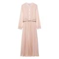 Pink pleated chiffon midi dress with long sleeves, buttoned front and waist belt - XS / Light Pink