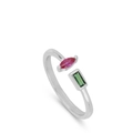 Anello aperto in argento S925 con pietra marquise rossa e pietra rettangolare verde - Oro Bianco