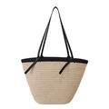 Handmade beige woven cotton rope beach tote with black shoulder straps and trim - Large / Black