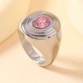 Macro shot of silver-toned vintage ring with oval pink gemstone and concentric carvings - 6 / Steel + Pink Gemstone (Oval Two Lines)