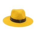 Yellow wide brim straw hat featuring a vintage bull head pendant and floral embroidery - Yellow