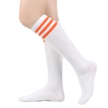 Close-up of white knee-high socks with orange triple stripes and ribbed cotton texture - One Size / White with Orange Stripes