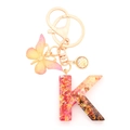 Pink and gold glitter resin letter K keychain with butterfly and gold hardware - Letter K