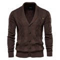 Cardigan da uomo marrone caffè in maglia a trecce con collo a scialle e chiusura a bottoni - M / caffè