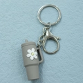 Miniature gray flower sippy cup keychain with silver lobster clasp and metal ring - Keychain / Dark Grey Flower Cup Keychain