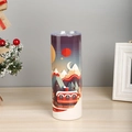 Close-up of a 20oz stainless steel travel mug featuring festive Christmas holiday illustrations - Christmas Train Illustration