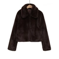Fashionable dark brown faux fur cropped jacket with large lapels shown in a front view - XS / Dark Brown