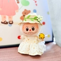 Labubu plush doll in white daisy dress with woven straw hat and bee accessory - Daisy Straw Hat Set / First And Second Generation Keychains Are Compatible With La Cloth Dolls. Dolls Not Included.