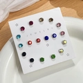 12 pairs of colorful zircon stud earrings set on a jewelry card in a ceramic tray - Multicolor Crystal (E1809-1)