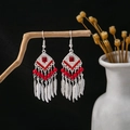 Ethnic bohemian silver drop earrings with vibrant red beads and feather tassels - Feather Tassel Red Beads Silver Style (E1978/Red)