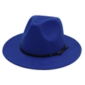 Detail of navy blue wool fedora with a black leather belt and metal buckle accent - Blue (Small Black Leather Belt)