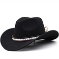 Black wool felt western cowboy hat featuring white star ribbon and brown leather band - M (56-58cm) Adjustable / Black