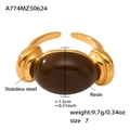 Size 7 adjustable stainless steel ring with 18k gold plating and large brown resin stone - US 7 / Gold Brown Resin
