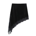 Elegant black asymmetric satin midi skirt with delicate eyelash lace trim on white background - XS / Black