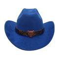 Cappello da cowboy scamosciato blu scuro con emblema testa di leopardo su fascia in pelle - Blu Reale (Cintura Testa di Leopardo)