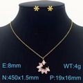Golden titanium steel jewelry set with petal pendant necklace and stud earrings - Pink And White (KS201529-GG)