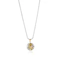 Macro detail of silver brushed circular pendant featuring a golden rose flower design - No.3 Disc Gold Rose