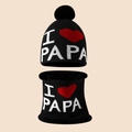 Detail of winter knitted beanie and neck warmer set with I Love PAPA pattern and pompom - PAPA Style / Black