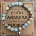 Blue zebra stone beaded bracelet with heart pendant on a kraft message card - Imperial Blue Heart With Card